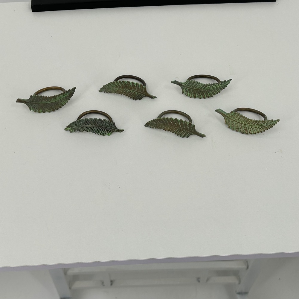 Metal Leaf Napkin Rings Set of 6 Verdigris Patina Finish Botanical Green